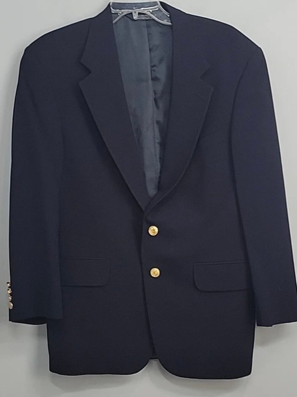 Lands End VTG Mens Wool Blazer Size 43R Navy Blue Gold Crest Button Classic EUC